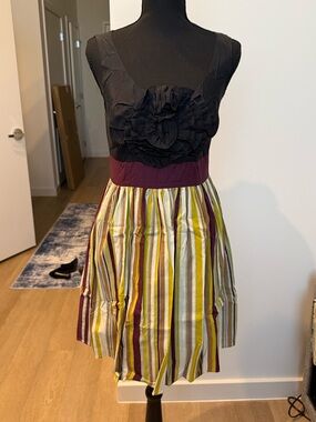 Anthropologie Dress with Black Bodice, Striped Skirt & Fun Flower - Size S
